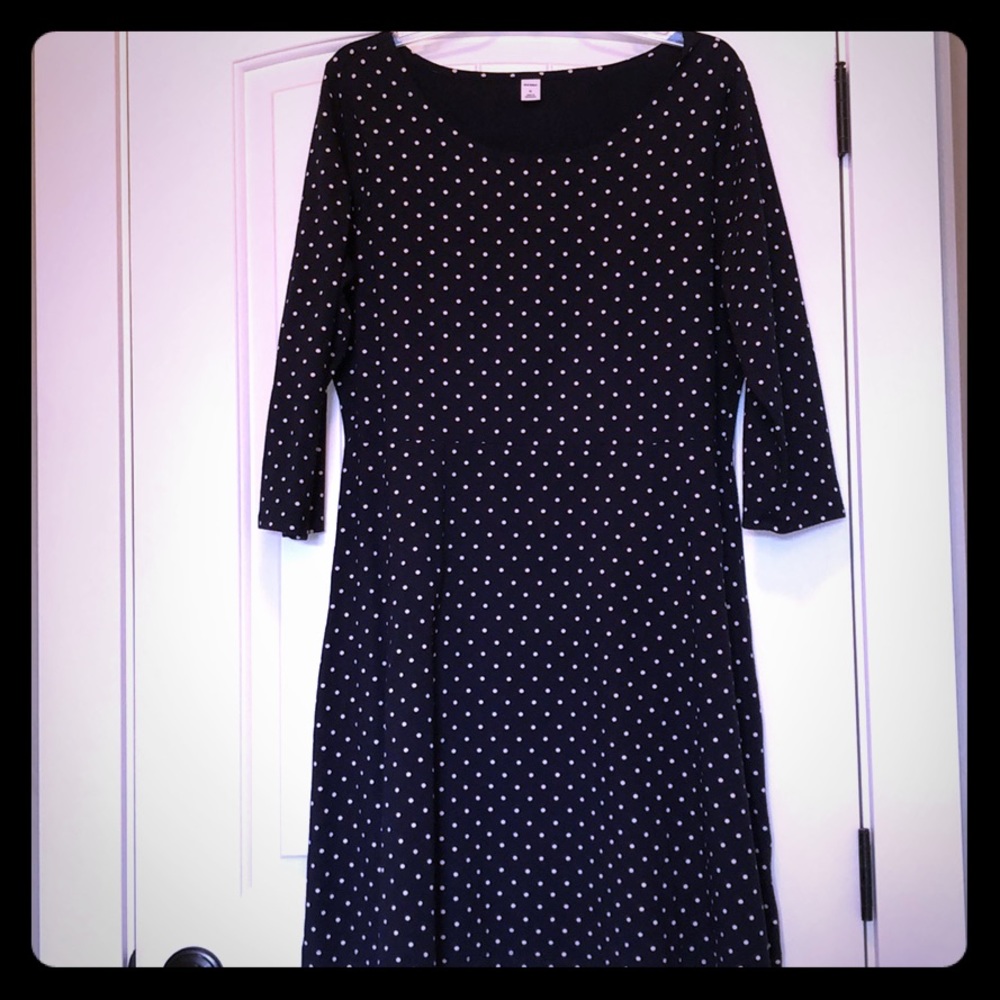 A-line navy and white polka dot dress